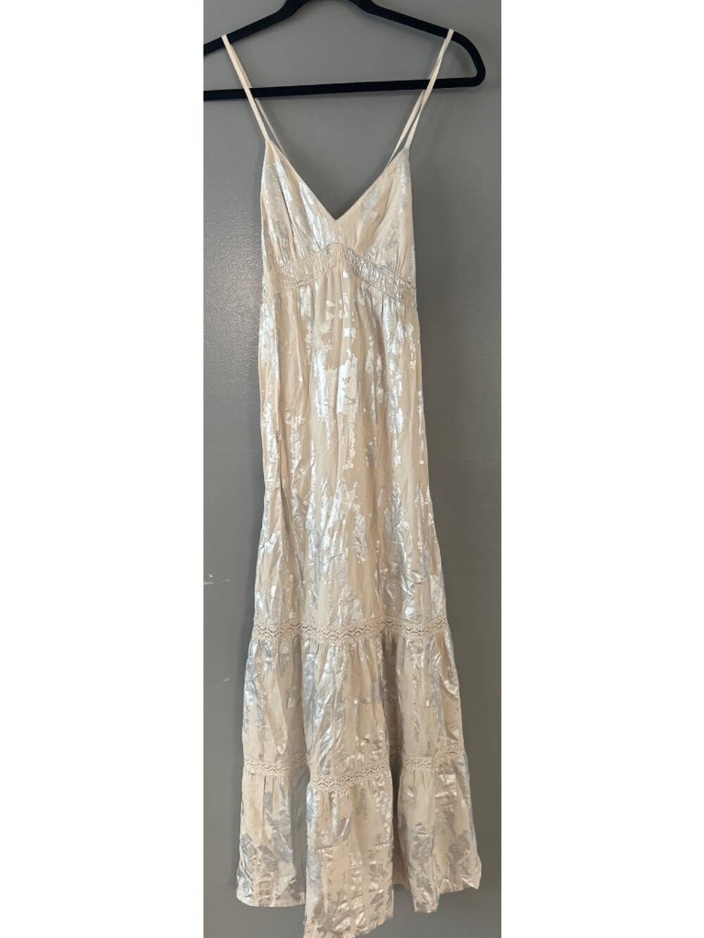 Y2K Mossimo Supply Co Small Metallic Maxi Dress Silver Foil Boho Festival fairy